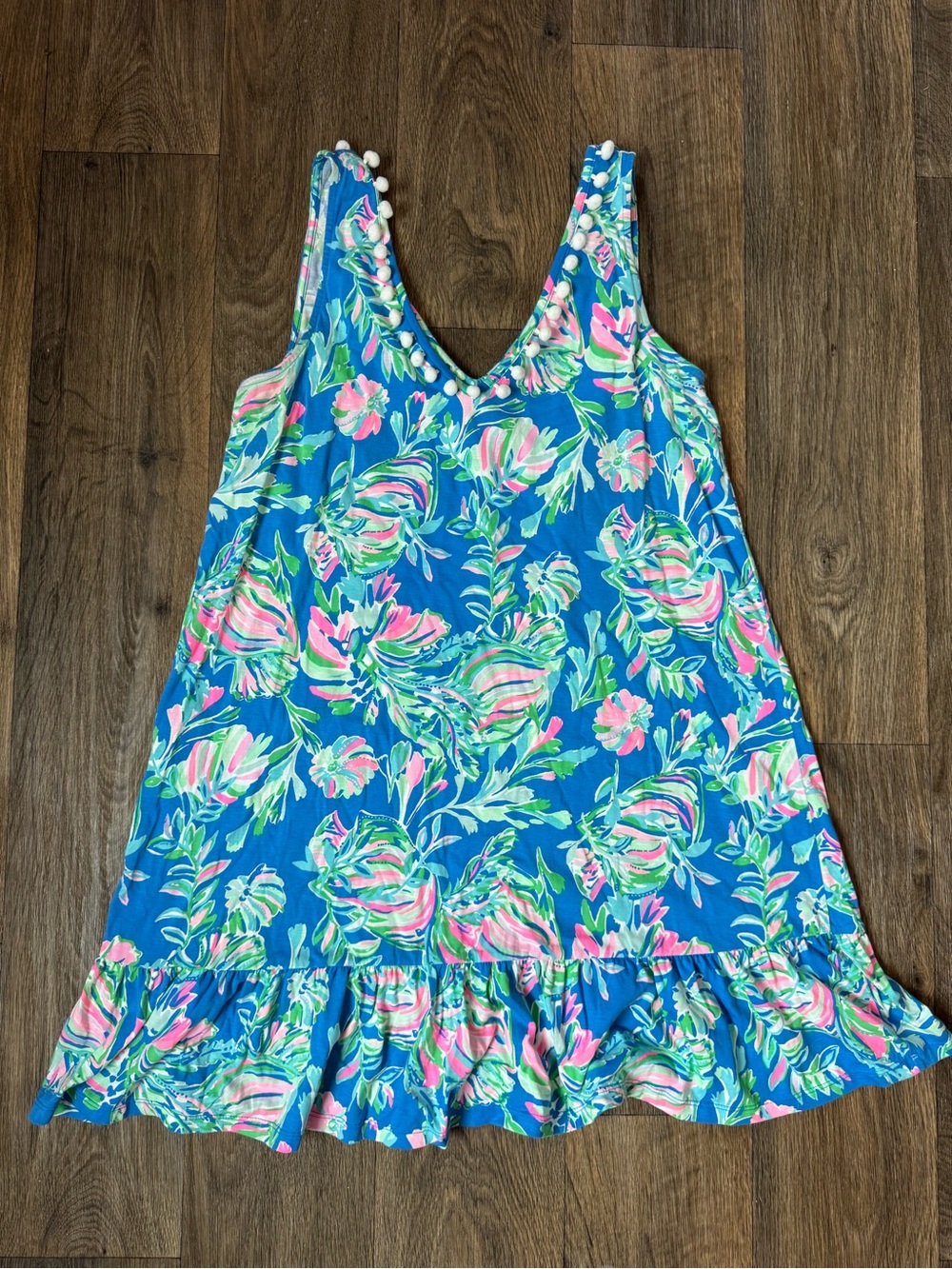 Lilly Pulitzer Camilla Blue Swing Dress V-Neck Sleeveless Pom-Pom Cotton L